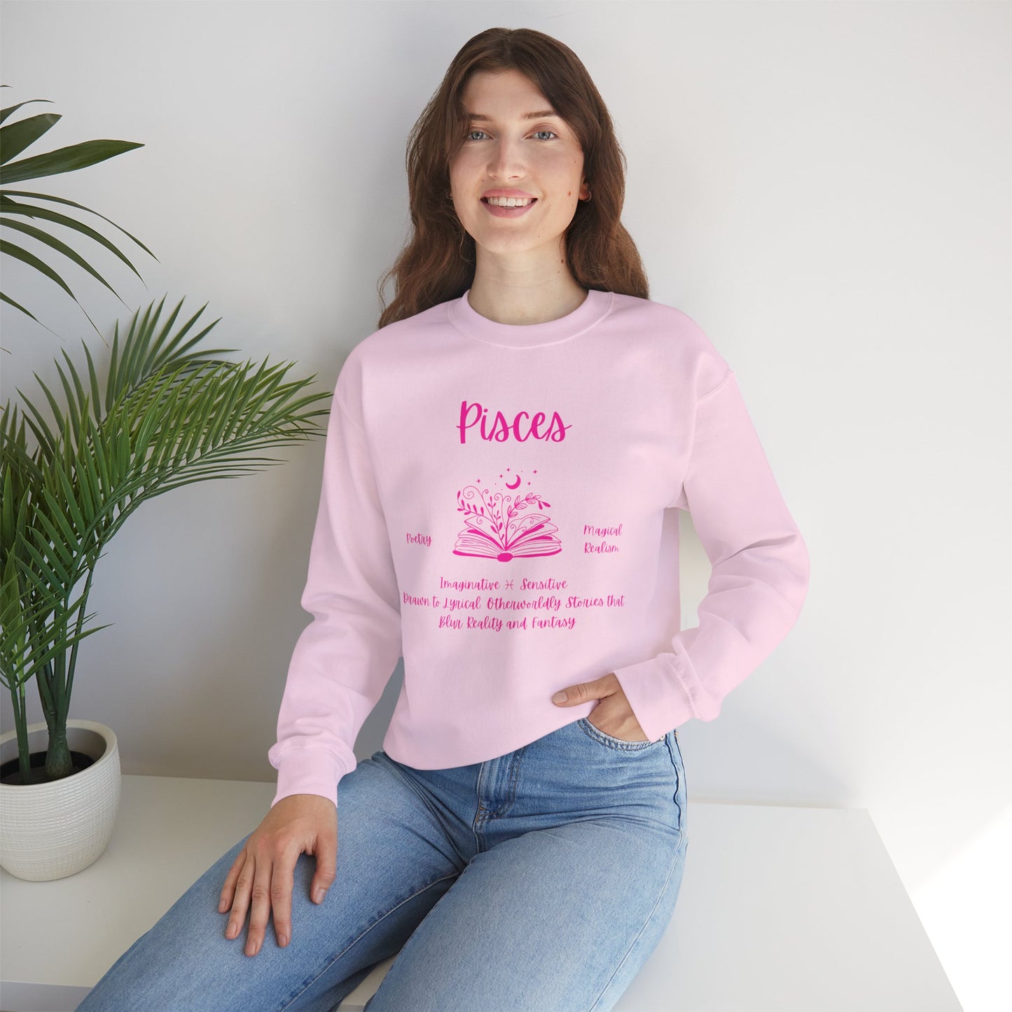 Pisces Book Lover Sweatshirt , White, Black or Light Pink , Bright Pink Design