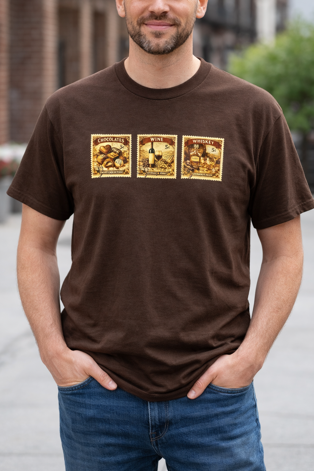 Man wearing a Brown short sleeve shirt with three vintage stamp theme graphics on front chest representing whiskey, wine and chocolate graphic designs standing on a street background