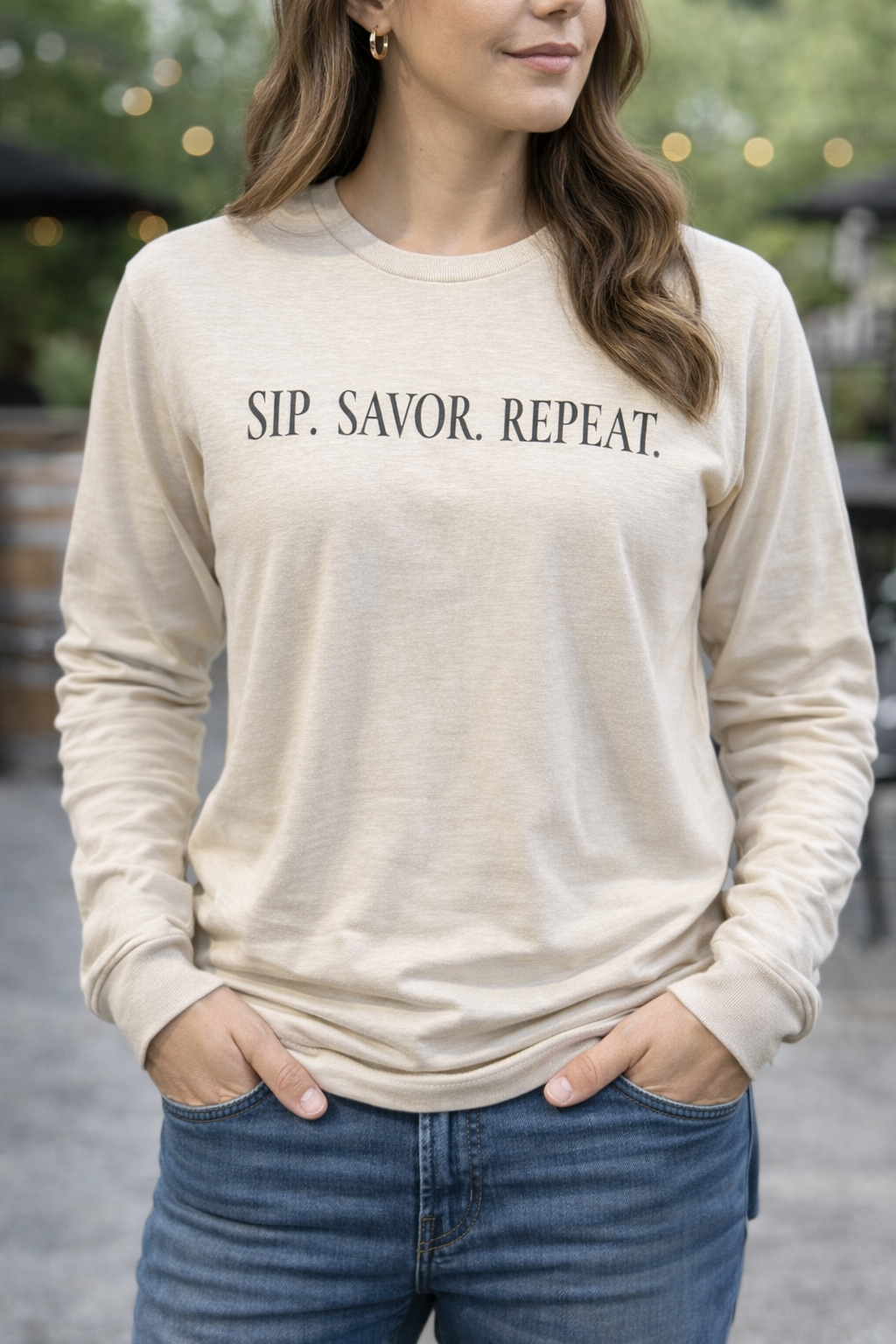 long sleeve crew neck cotton shirt, oatmeal color. with sip.savor.repeat on che