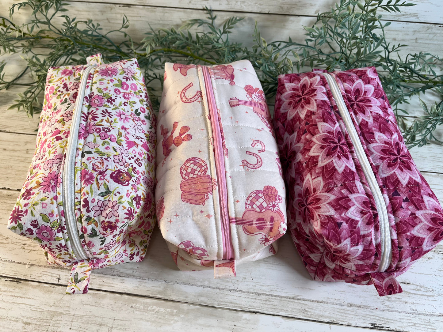 Handmade Boxy Makeup Bags | Quilted Cotton Cosmetic Pouch | Pink Floral & Western Prints | Travel Toiletry Organizer | Gift for Her