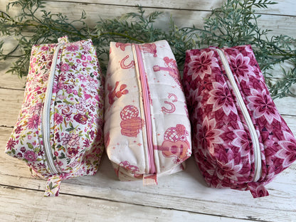 Handmade Boxy Makeup Bags | Quilted Cotton Cosmetic Pouch | Pink Floral & Western Prints | Travel Toiletry Organizer | Gift for Her