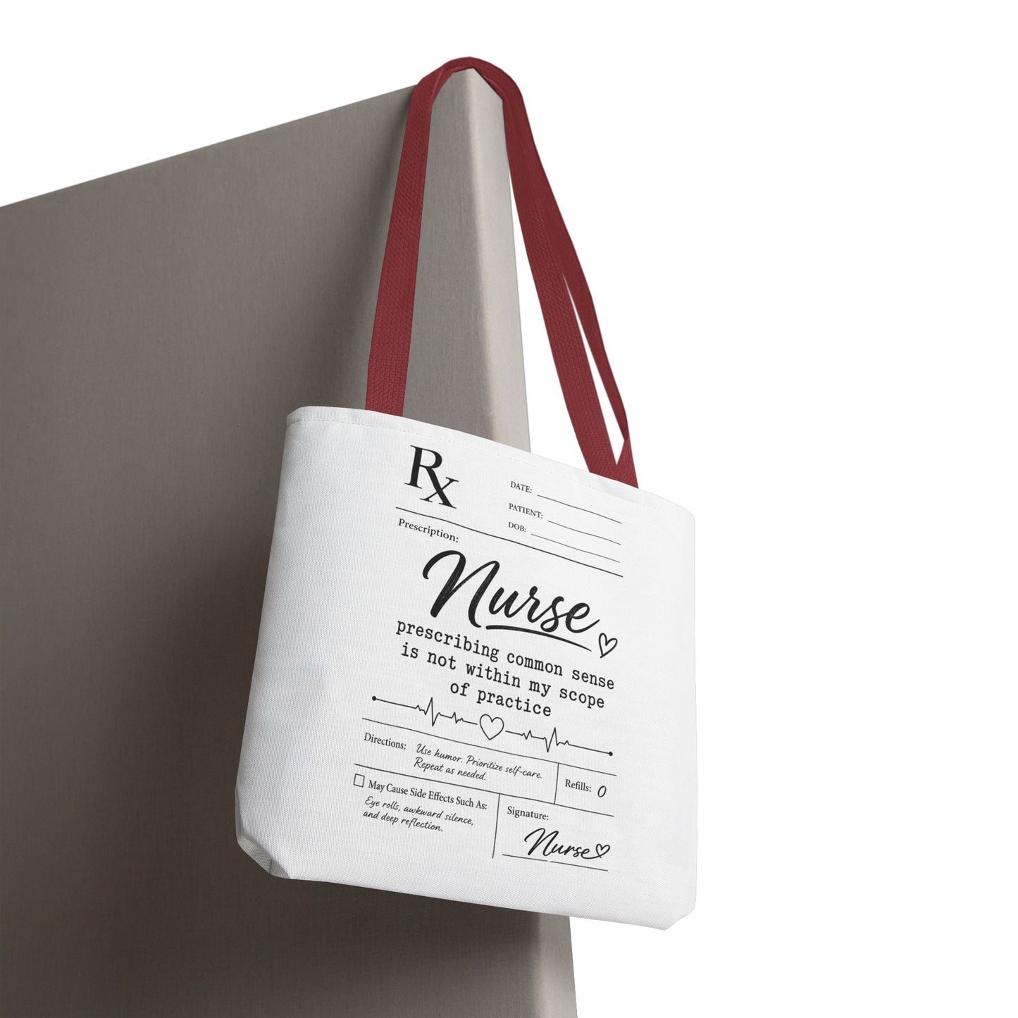 Tote bag with 'Nurse' design and text on a white background with red handles, shown as hanging