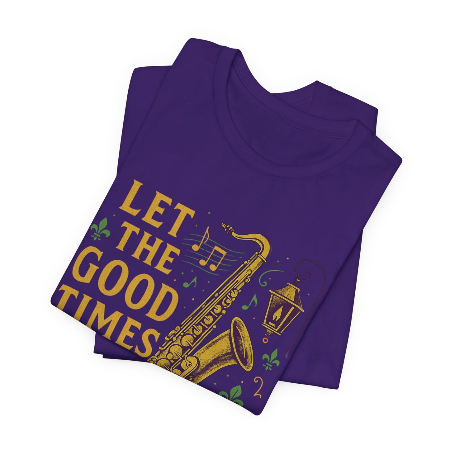 Purple t-shirt with yellow text and graphics on a white background, folded view