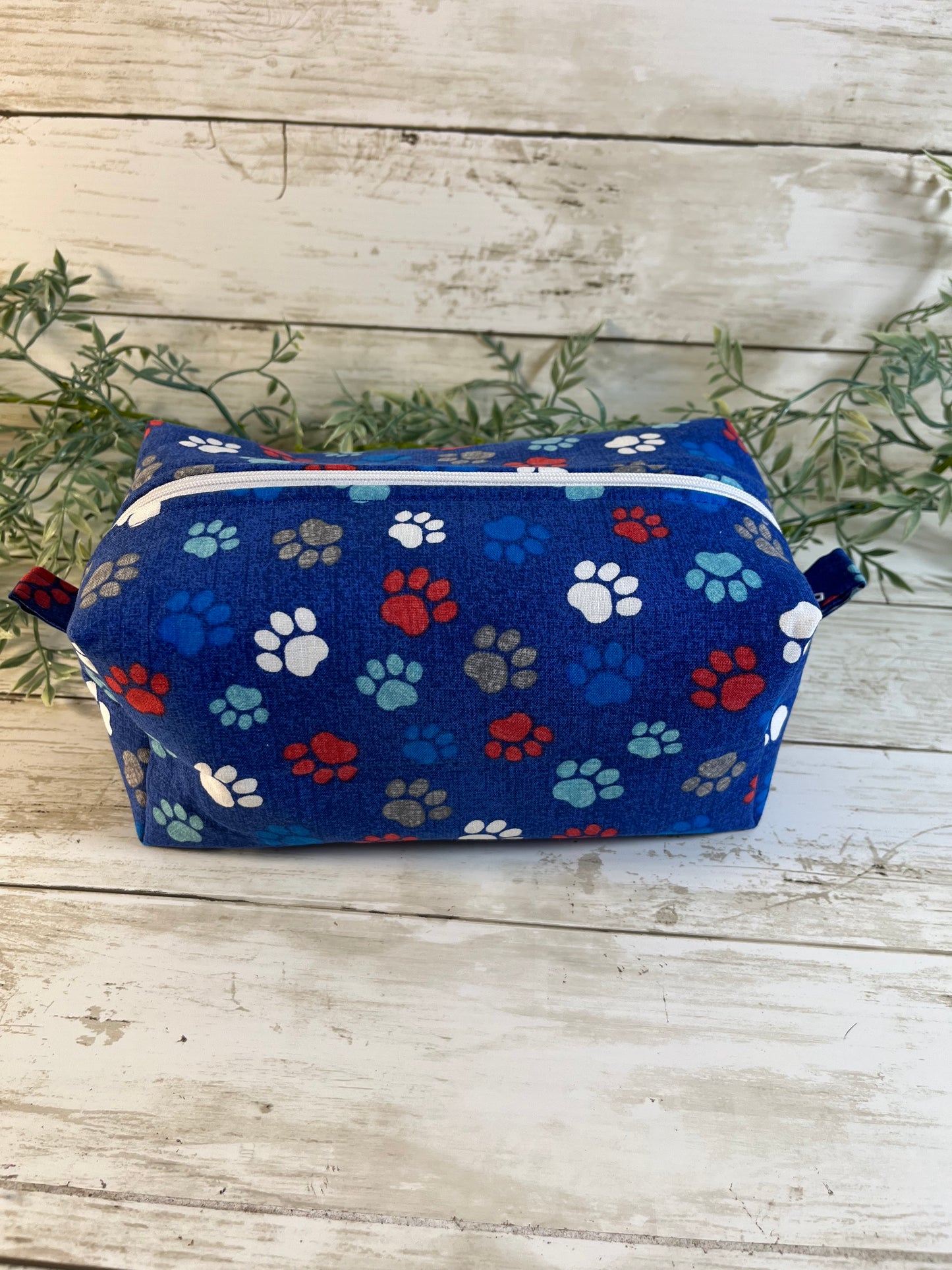 Handmade Boxy Makeup Bags | Quilted Cotton Cosmetic Pouch | Blue Floral, Strawberry, and Paw Prints | Travel Toiletry Organizer | Gift for Her