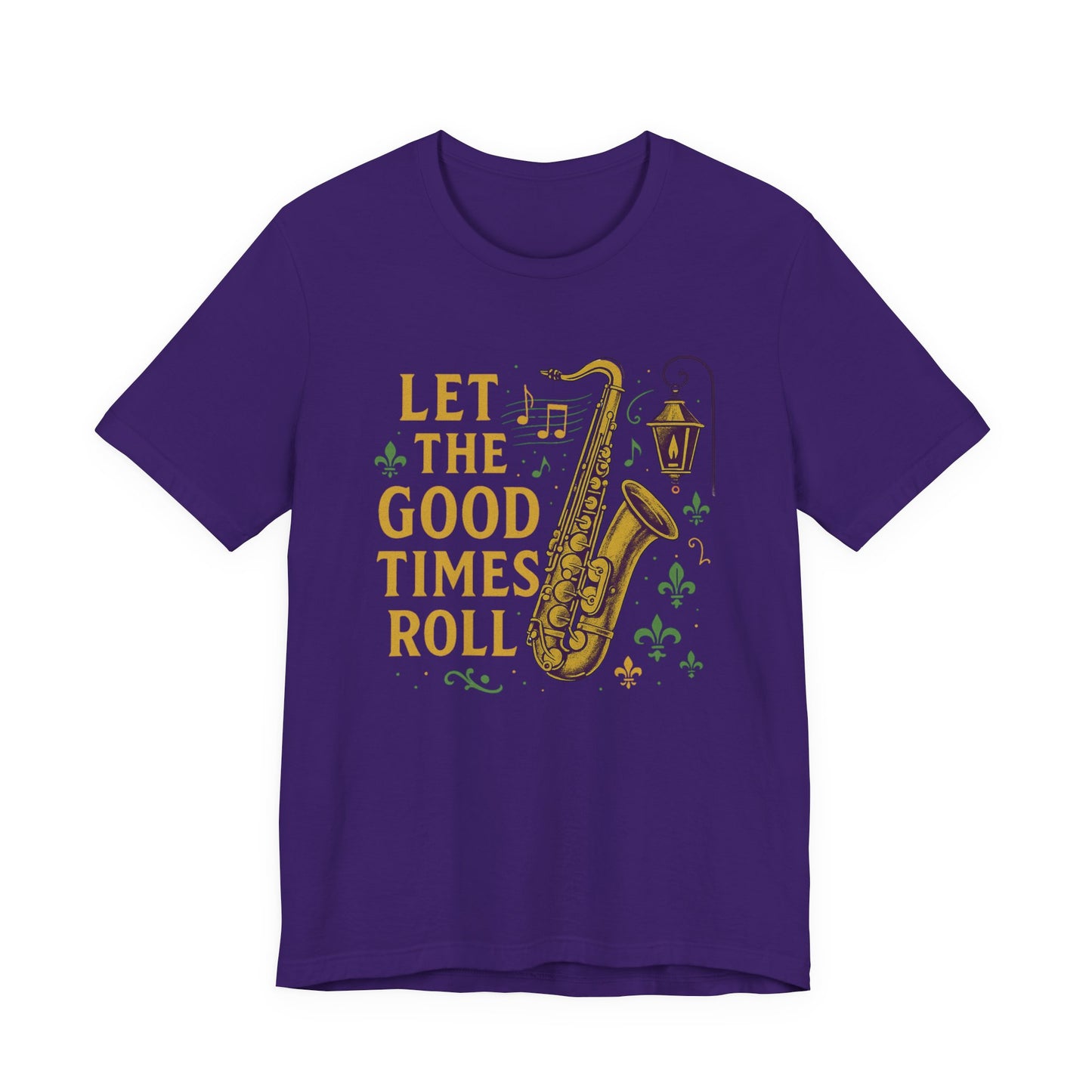 Purple t-shirt with yellow saxophone and text 'Let the Good Times Roll' on a white background