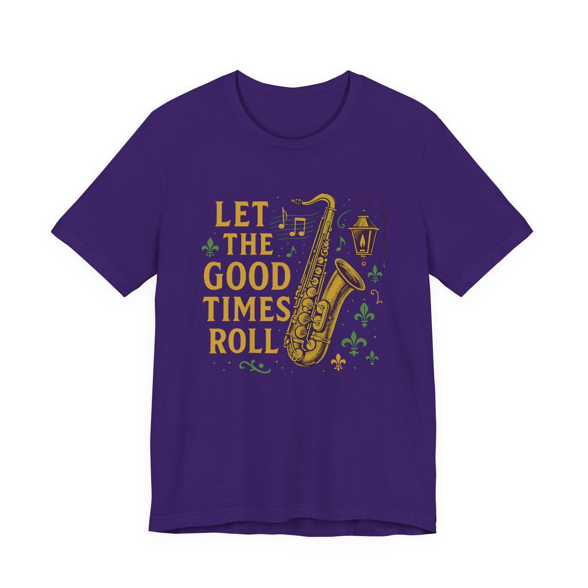 Purple t-shirt with yellow saxophone and text 'Let the Good Times Roll' on a white background