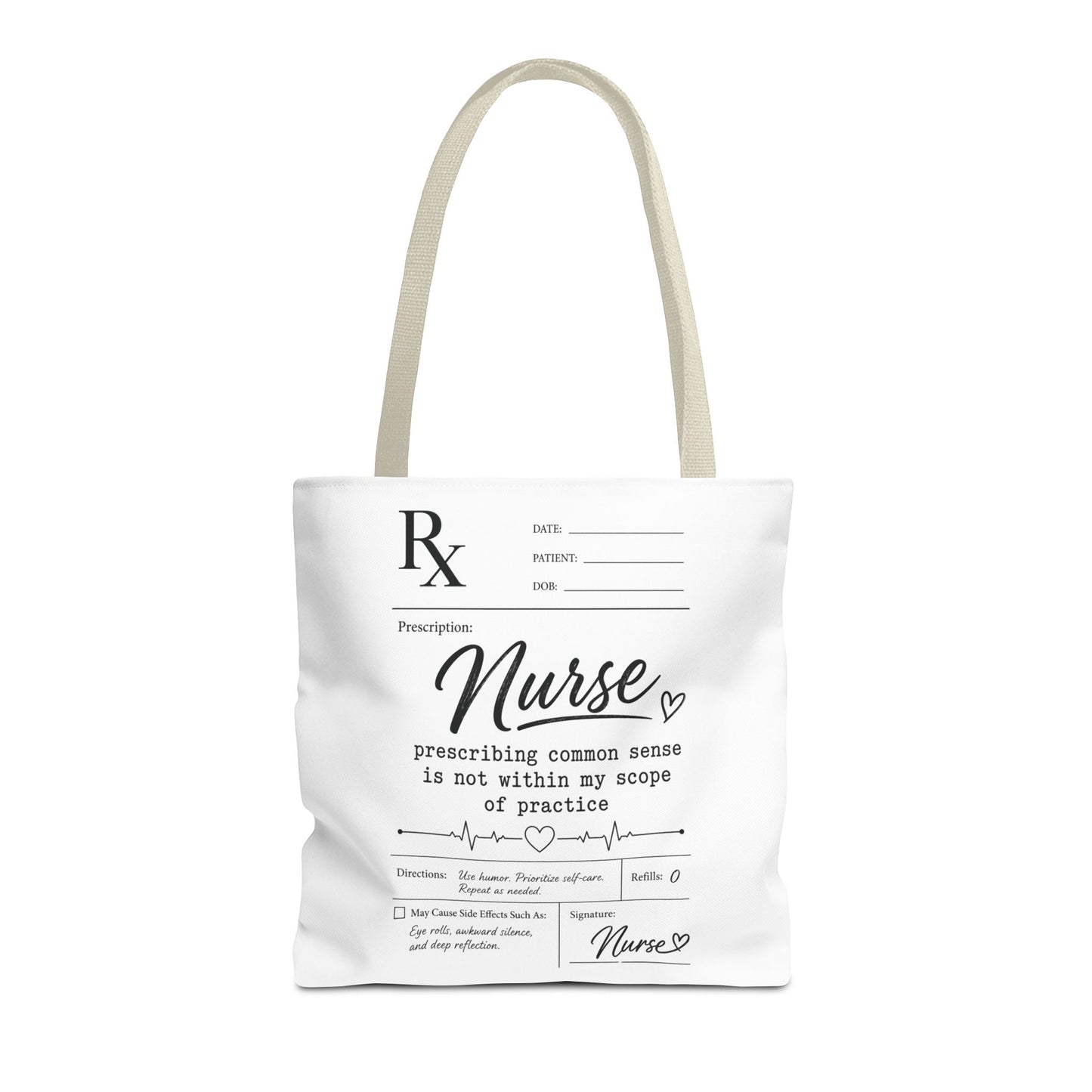 Tote bag with 'Nurse' design and text on a white background beige handles