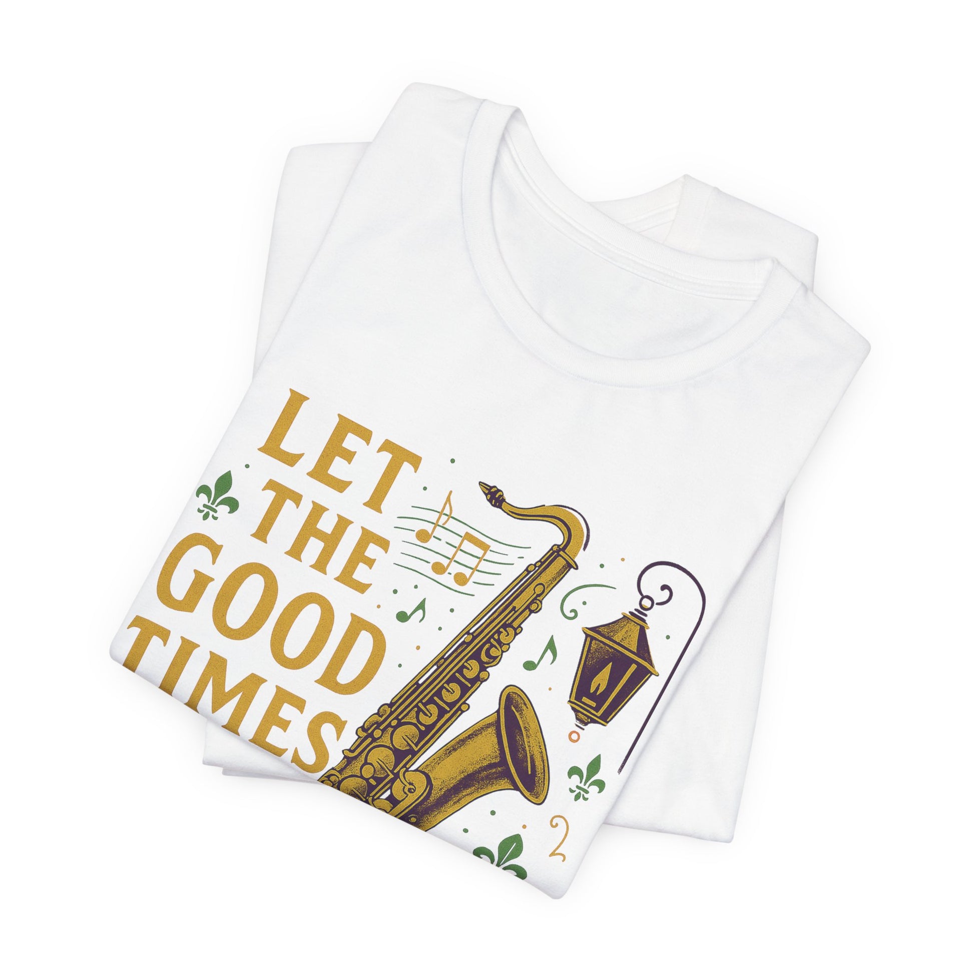 White shirt, folded view with 'Let the Good Times' text and musical design on a white background