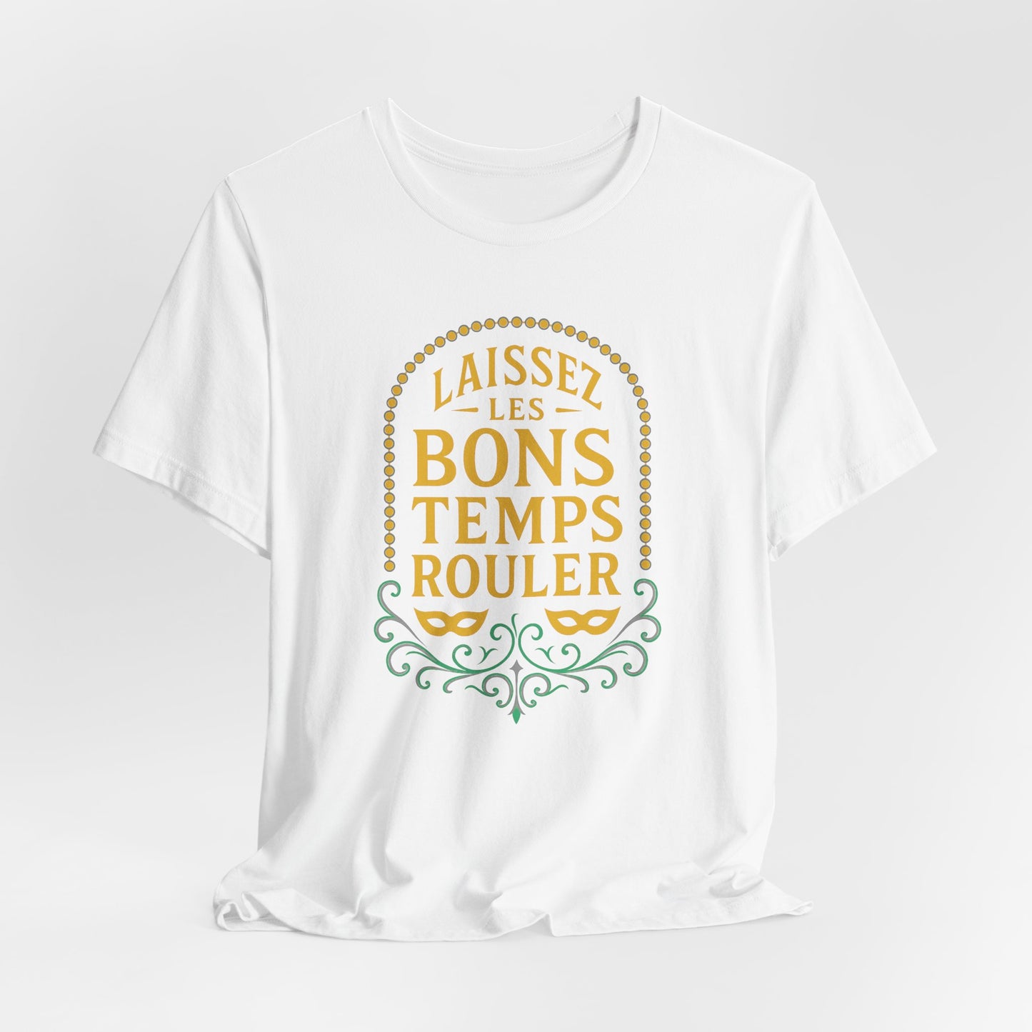White t-shirt with yellow and green text on a white background, hanging view