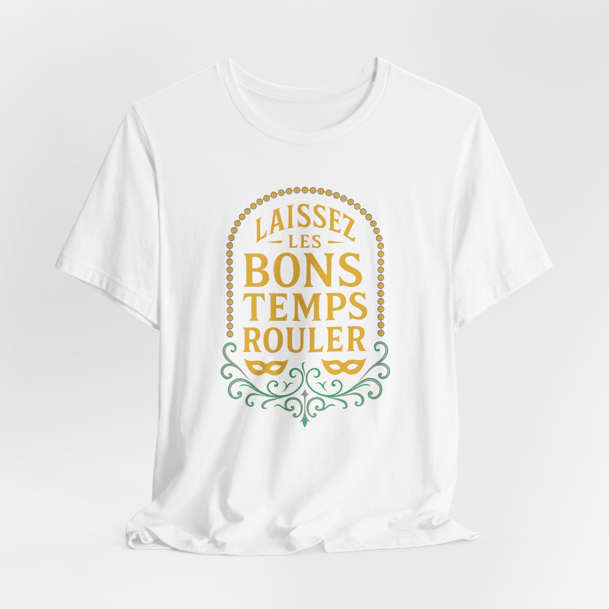 White t-shirt with yellow and green text on a white background, hanging view