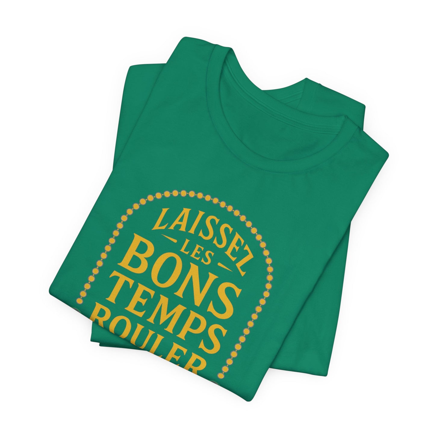 Green t-shirt with yellow text on a white background, folded view
