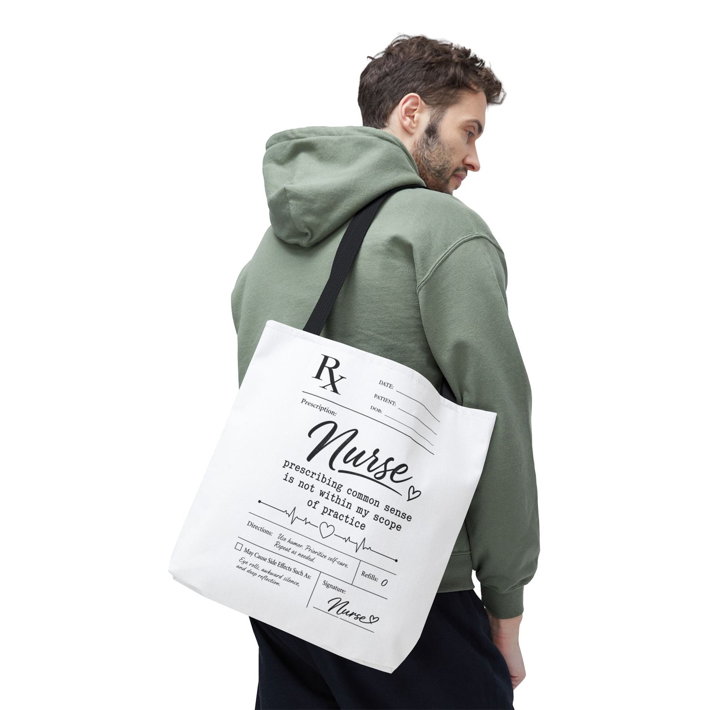 Man wearing a green hoodie holding a white tote bag with 'Know Your Worth' text. Bag has black handles