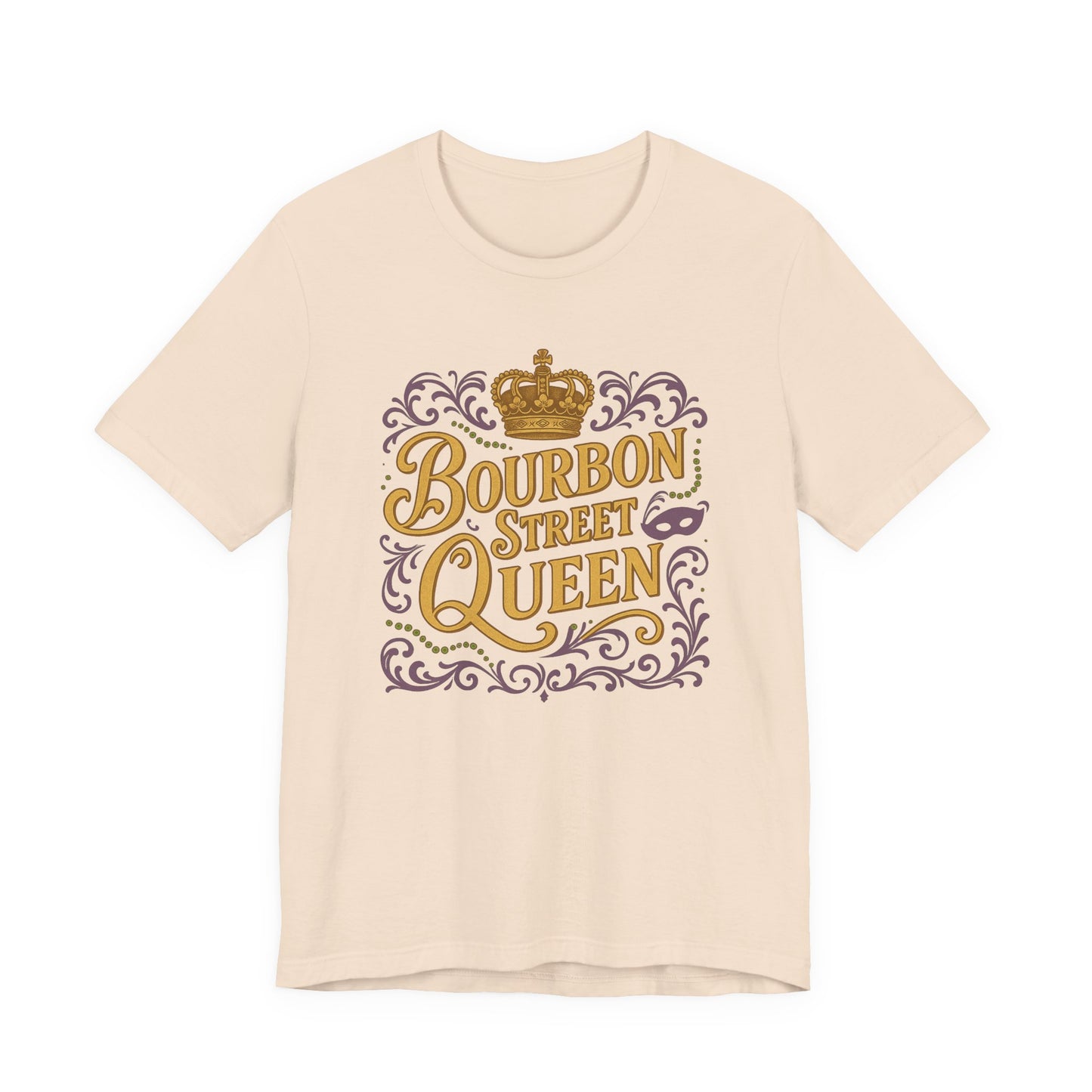Beige t-shirt with 'Bourbon Street Queen' text and crown design on a white background