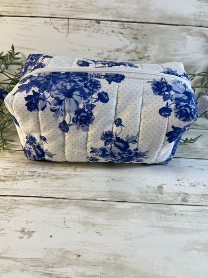 Handmade Boxy Makeup Bags | Quilted Cotton Cosmetic Pouch | Blue Floral, Strawberry, and Paw Prints | Travel Toiletry Organizer | Gift for Her