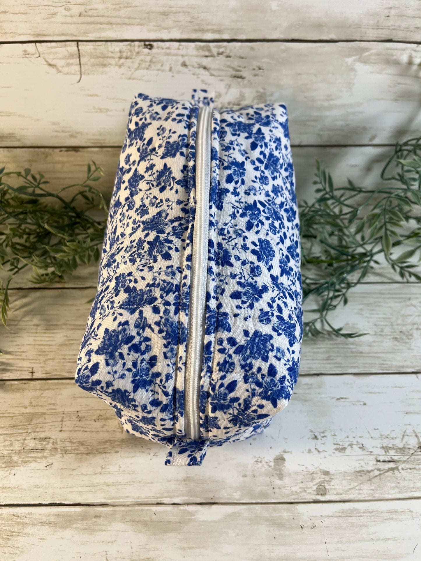 Handmade Boxy Makeup Bags | Quilted Cotton Cosmetic Pouch | Blue Floral, Strawberry, and Paw Prints | Travel Toiletry Organizer | Gift for Her