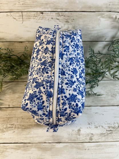 Handmade Boxy Makeup Bags | Quilted Cotton Cosmetic Pouch | Blue Floral, Strawberry, and Paw Prints | Travel Toiletry Organizer | Gift for Her