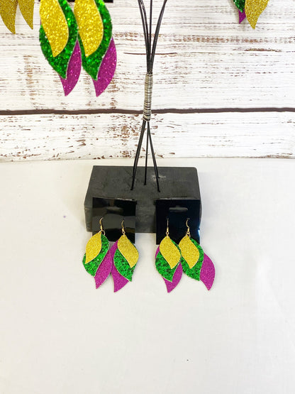 Mardi Gras Faux Leather Dangle Earrings: Purple, Gold, and Green