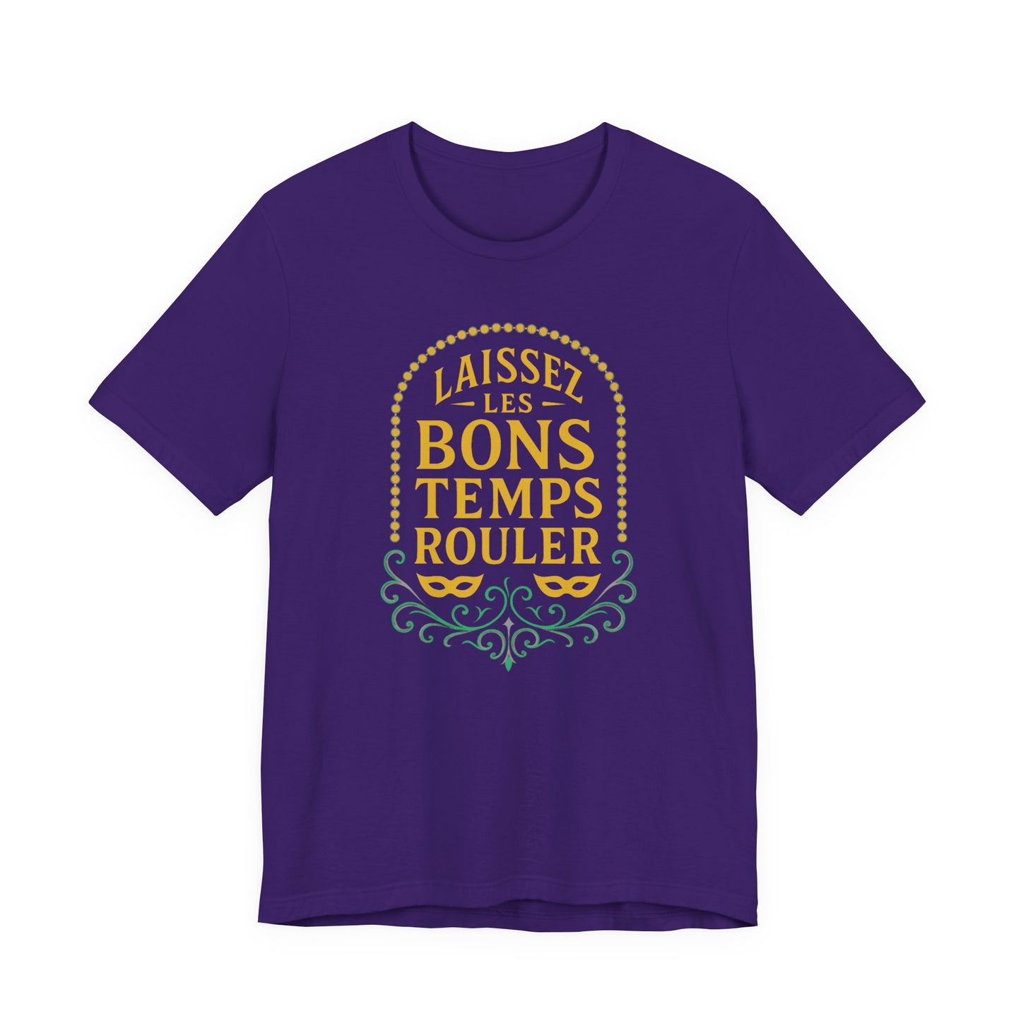 Purple t-shirt with yellow and green text and design on a white background