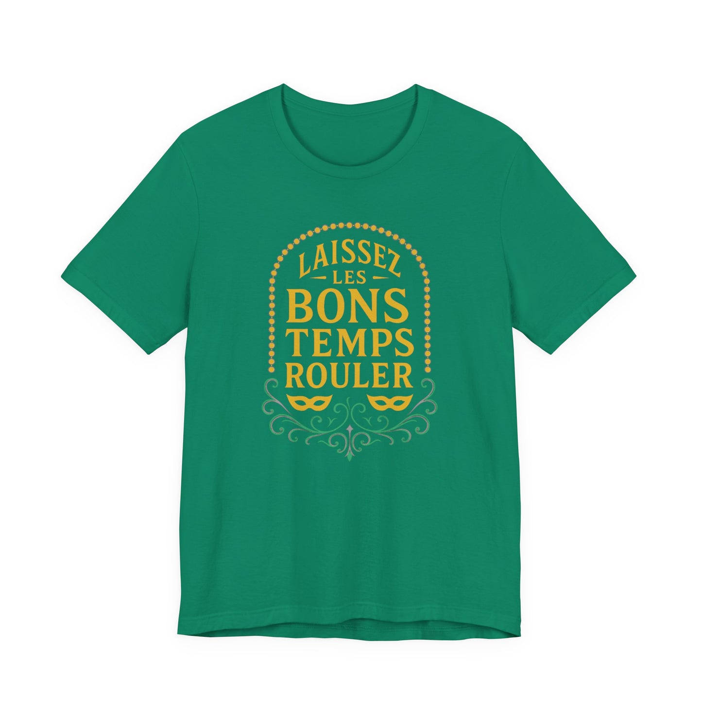 Green t-shirt with yellow text and design on a white background