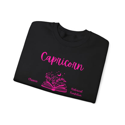 Capricorn Book Lover Sweatshirt,  Black, White or Light Pink,  Bright Pink Design