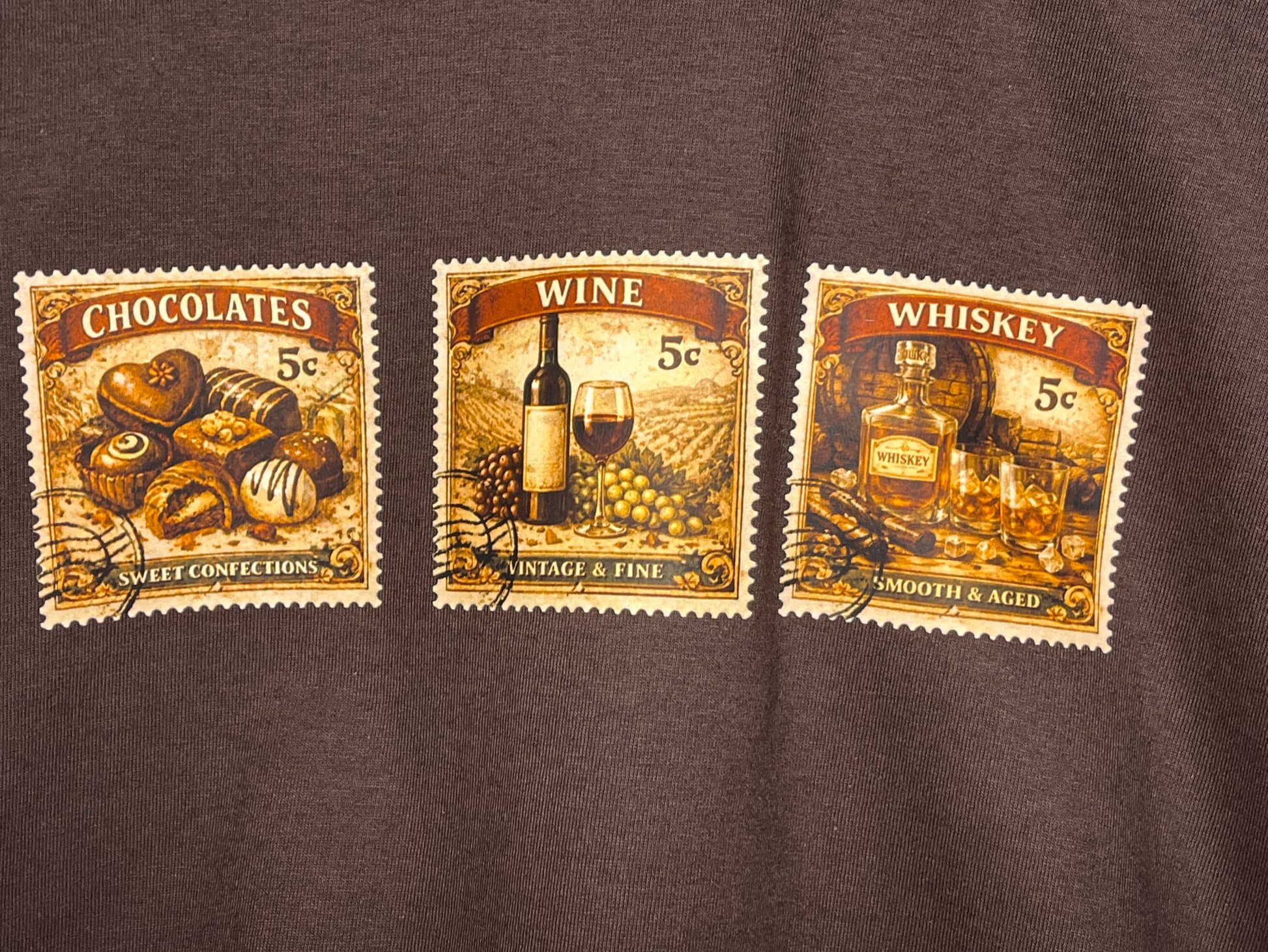 Three vintage-style stamps on a brown background with 'Chocolates', 'Wine', and 'Whiskey' themes.