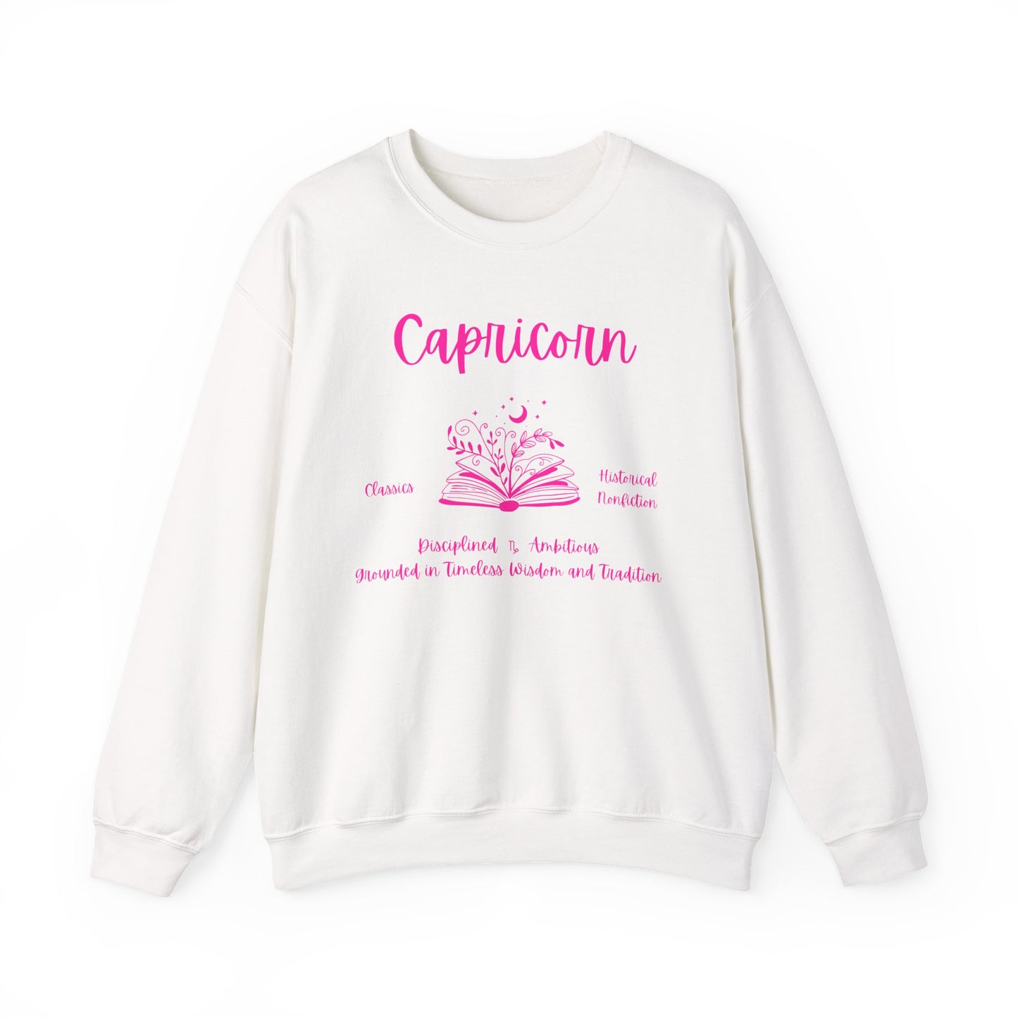 Capricorn Book Lover Sweatshirt,  Black, White or Light Pink,  Bright Pink Design