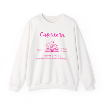 Capricorn Book Lover Sweatshirt,  Black, White or Light Pink,  Bright Pink Design