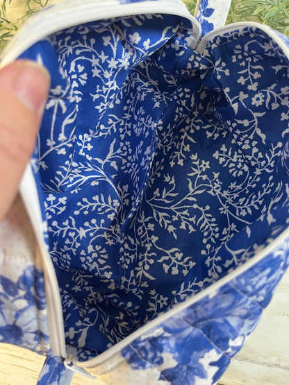 Handmade Boxy Makeup Bags | Quilted Cotton Cosmetic Pouch | Blue Floral, Strawberry, and Paw Prints | Travel Toiletry Organizer | Gift for Her