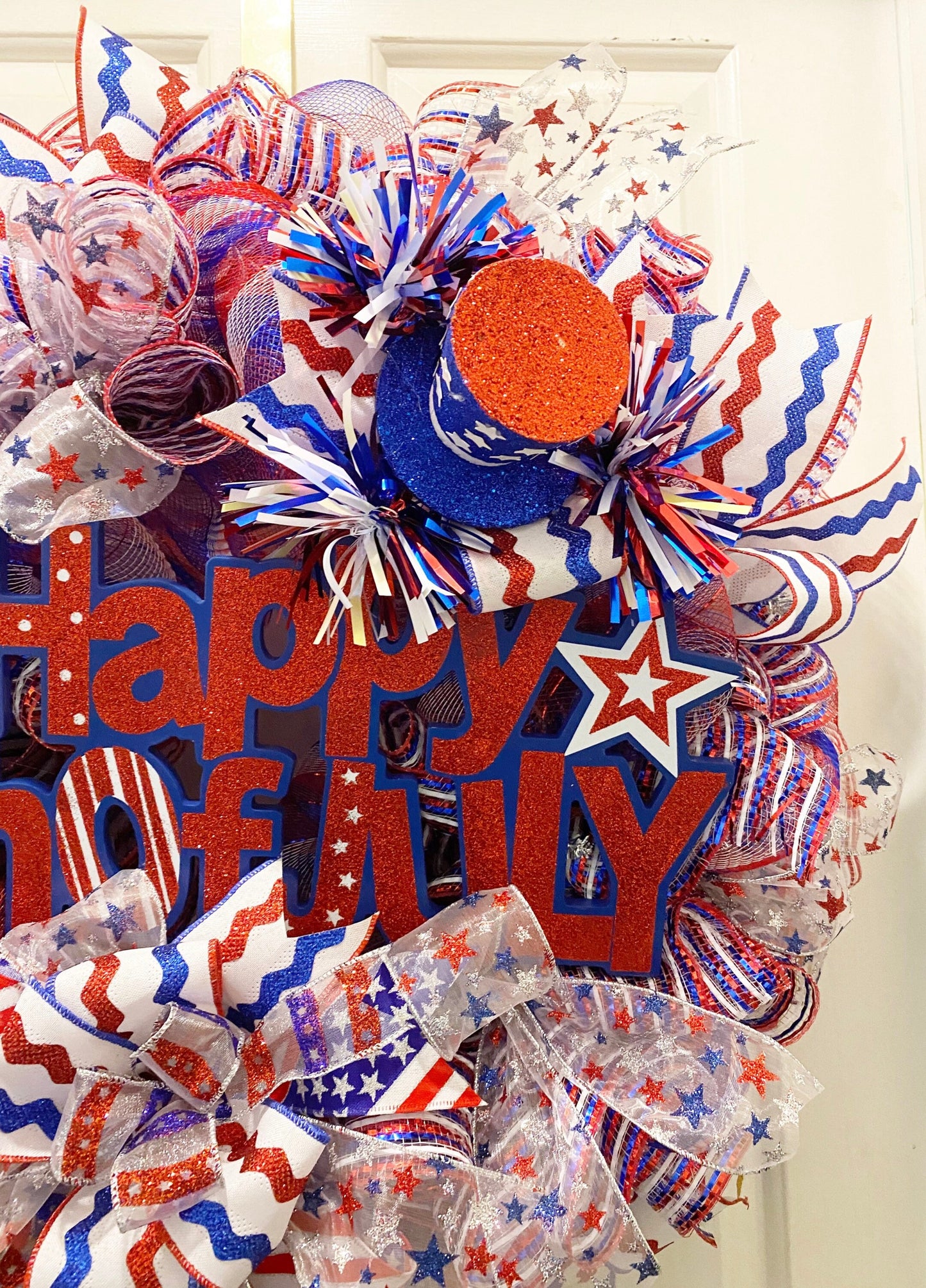 Decorative wreath with red, white, and blue colors and 'Happy Birthday' text.