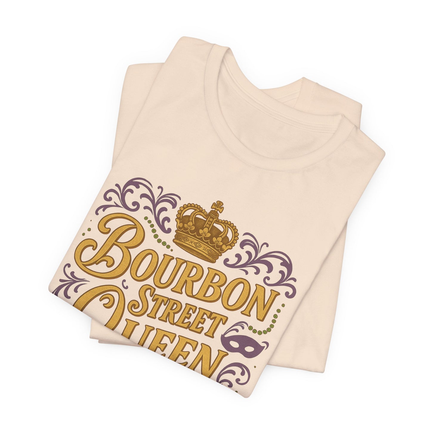 Folded view  with 'Bourbon Street Queen' text and crown design on a white background