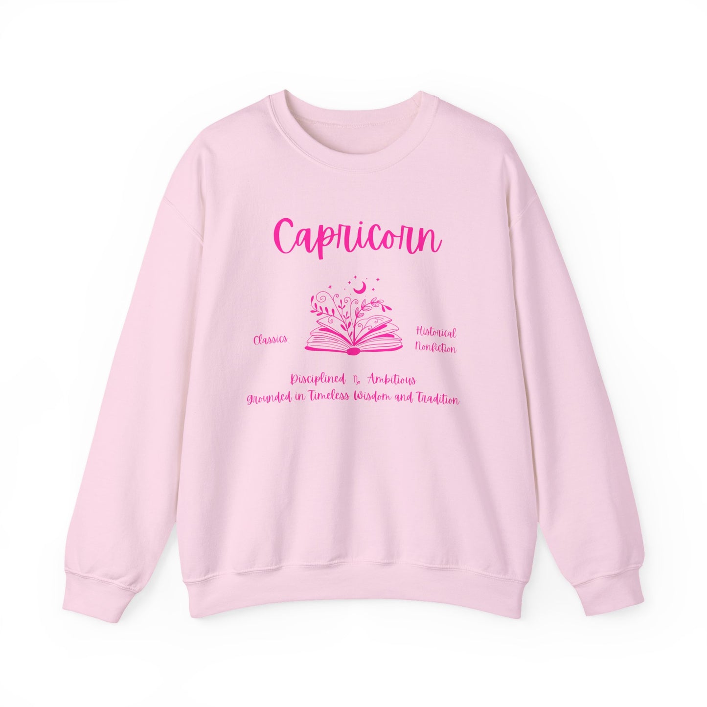 Capricorn Book Lover Sweatshirt,  Black, White or Light Pink,  Bright Pink Design
