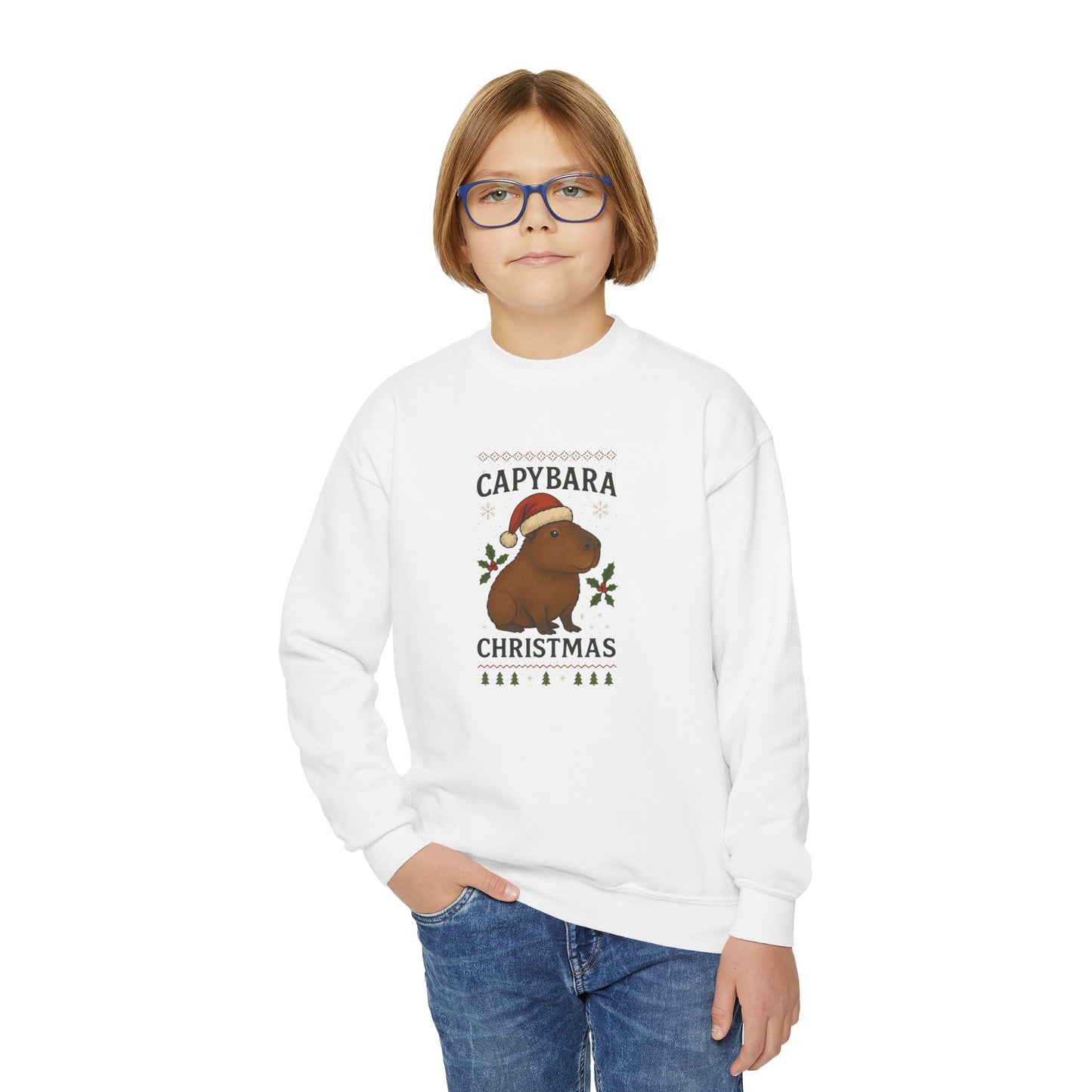 Capybara Christmas Youth Sweatshirt | Cute Animal Holiday Sweater | Kids Cozy Winter Pullover | Funny Christmas Gift for Boys & Girls