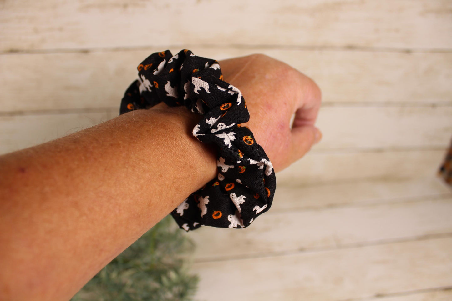 Handmade Halloween Scrunchie: Ghost & Jack-o'-Lantern Cotton Hair Tie