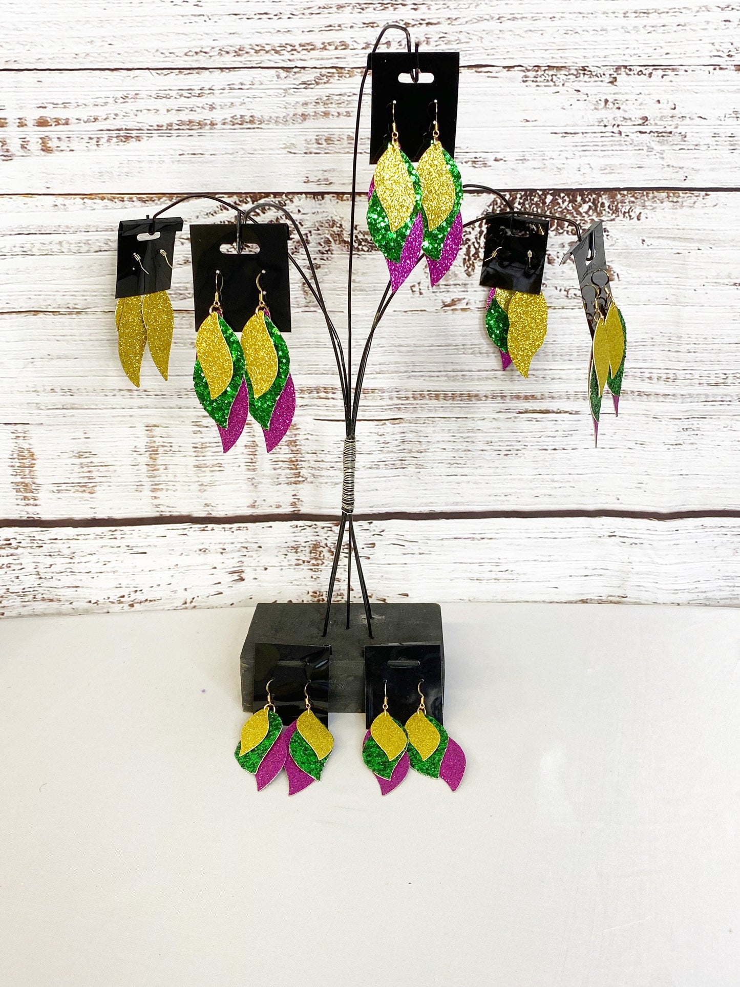 Mardi Gras Faux Leather Dangle Earrings: Purple, Gold, and Green