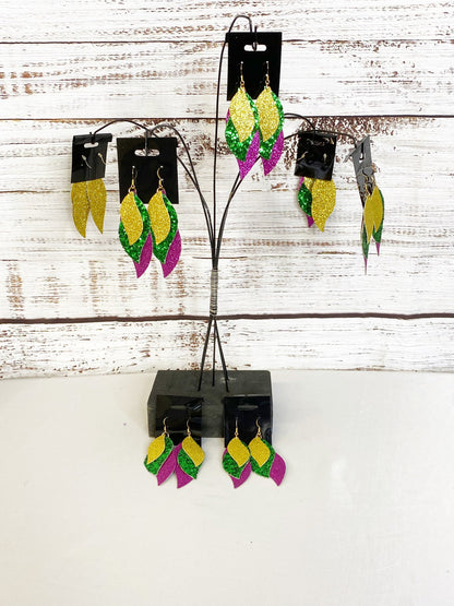 Mardi Gras Faux Leather Dangle Earrings: Purple, Gold, and Green
