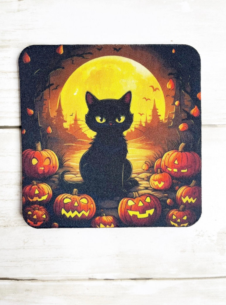Halloween Black Cat Neoprene Coaster Set – Set of 4 – Spooky Cat Coasters – Halloween Home Décor – 4 Inch Absorbent Drink Coasters