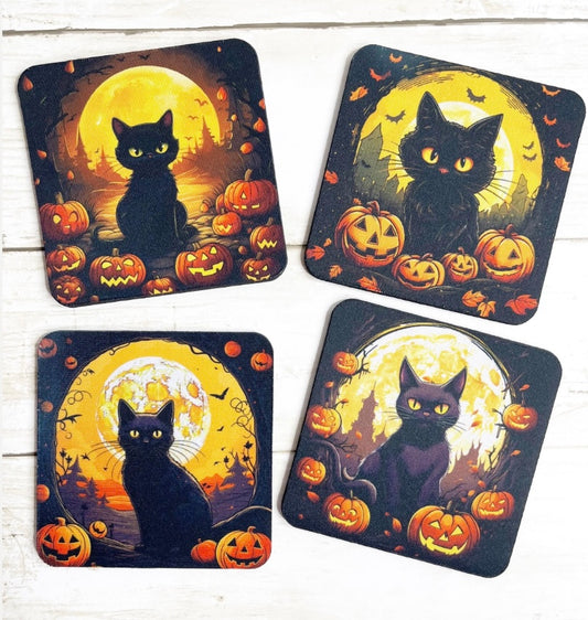 Halloween Black Cat Neoprene Coaster Set – Set of 4 – Spooky Cat Coasters – Halloween Home Décor – 4 Inch Absorbent Drink Coasters