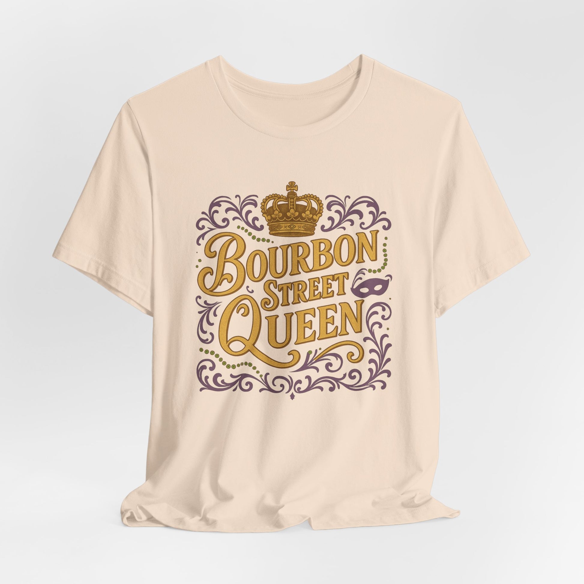 Beige t-shirt with 'Bourbon Street Queen' text and crown design on a light gray background, hanging view