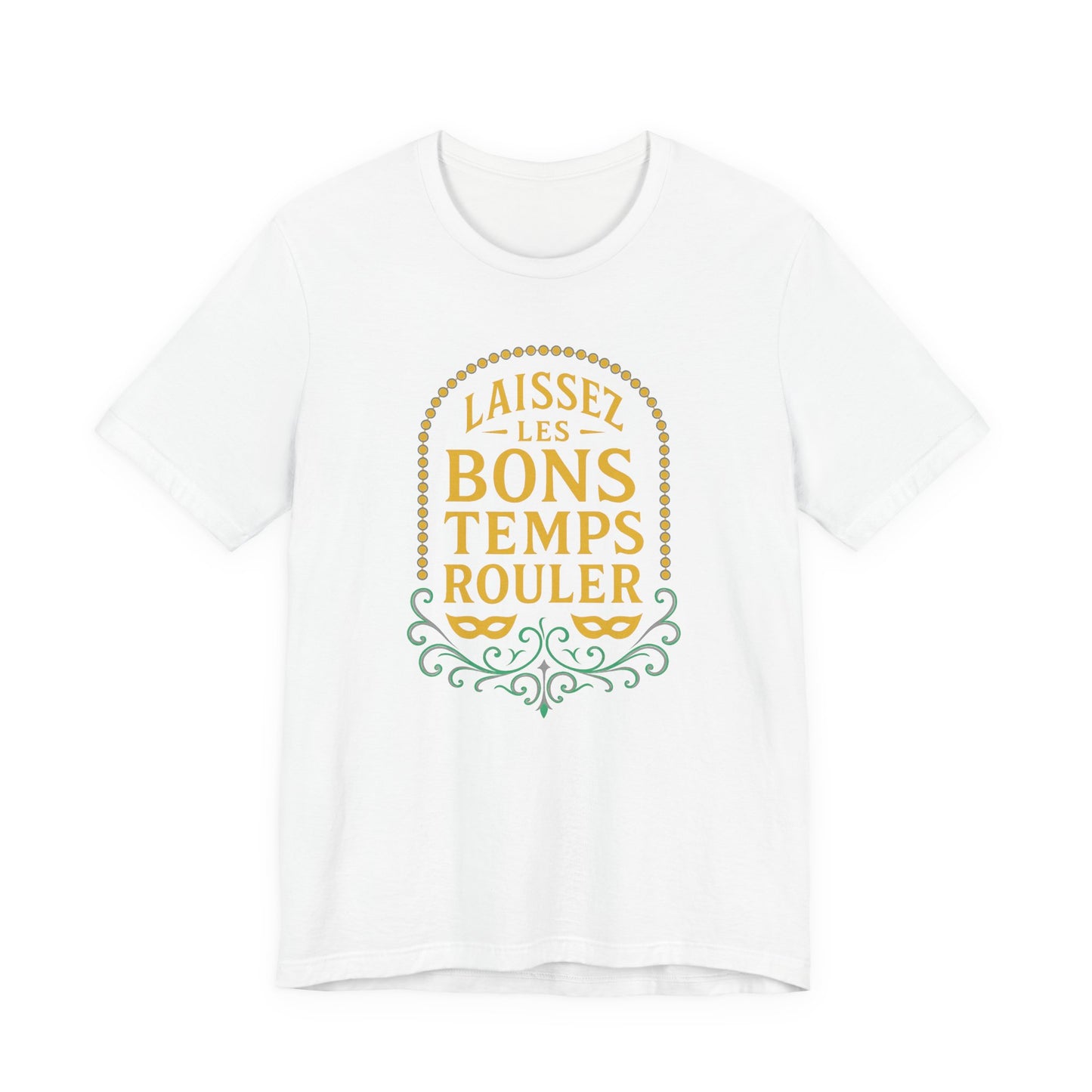 White t-shirt with yellow and green text on a white background