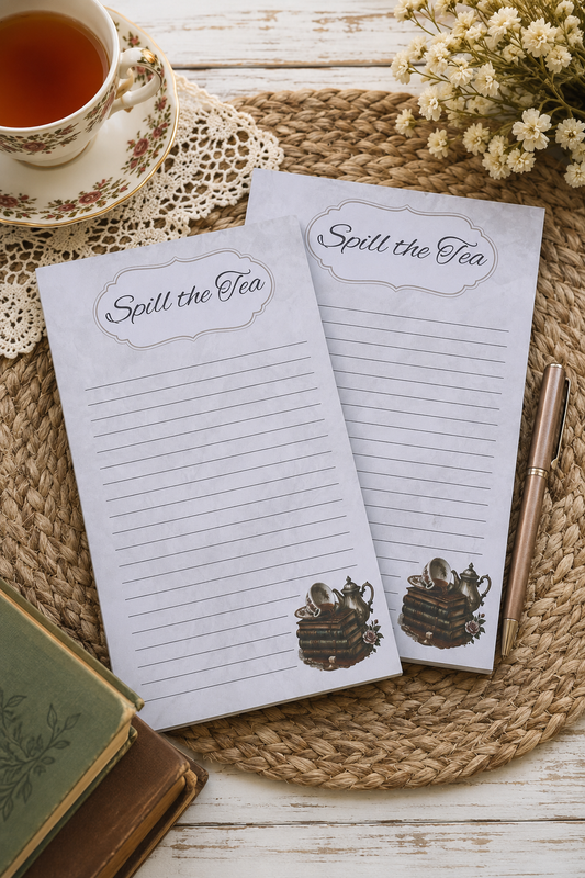 Spill the Tea Notepad – 5.5” x 8.5” Cottagecore Tea Lover Notepad | 50 Tear-Off Pages | Reading Journal Notes | Book Lover Gift