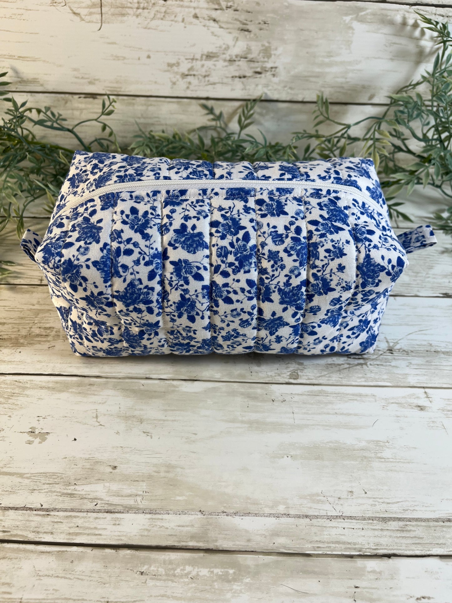 Handmade Boxy Makeup Bags | Quilted Cotton Cosmetic Pouch | Blue Floral, Strawberry, and Paw Prints | Travel Toiletry Organizer | Gift for Her