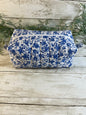 Handmade Boxy Makeup Bags | Quilted Cotton Cosmetic Pouch | Blue Floral, Strawberry, and Paw Prints | Travel Toiletry Organizer | Gift for Her
