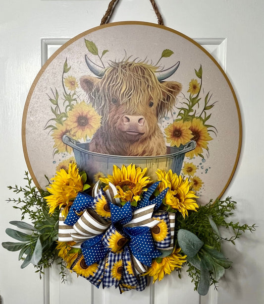 Highland Cow door hanger, Highland Cow decor, Farmhouse decor, Sunflower Decor