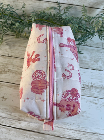 Handmade Boxy Makeup Bags | Quilted Cotton Cosmetic Pouch | Pink Floral & Western Prints | Travel Toiletry Organizer | Gift for Her