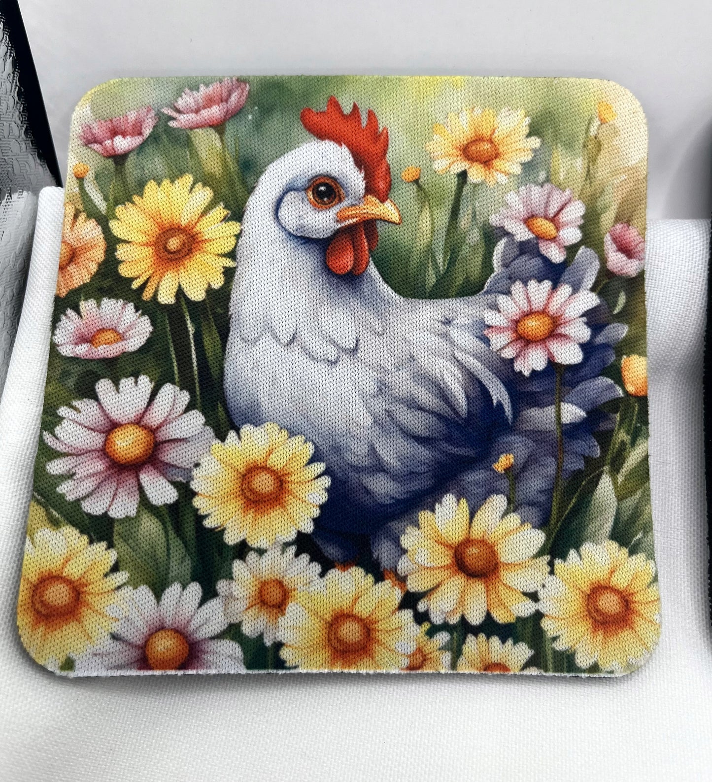 Chicken & Chick Neoprene Coaster Set – Set of 4 Farmhouse Drink Coasters – Chicken Lover Gift – 4 Inch Absorbent Coasters