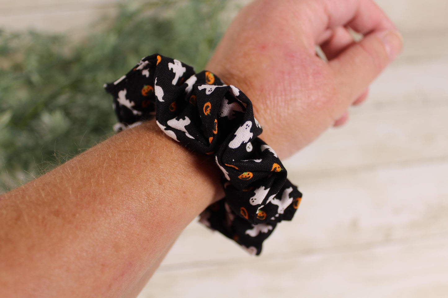 Handmade Halloween Scrunchie: Ghost & Jack-o'-Lantern Cotton Hair Tie