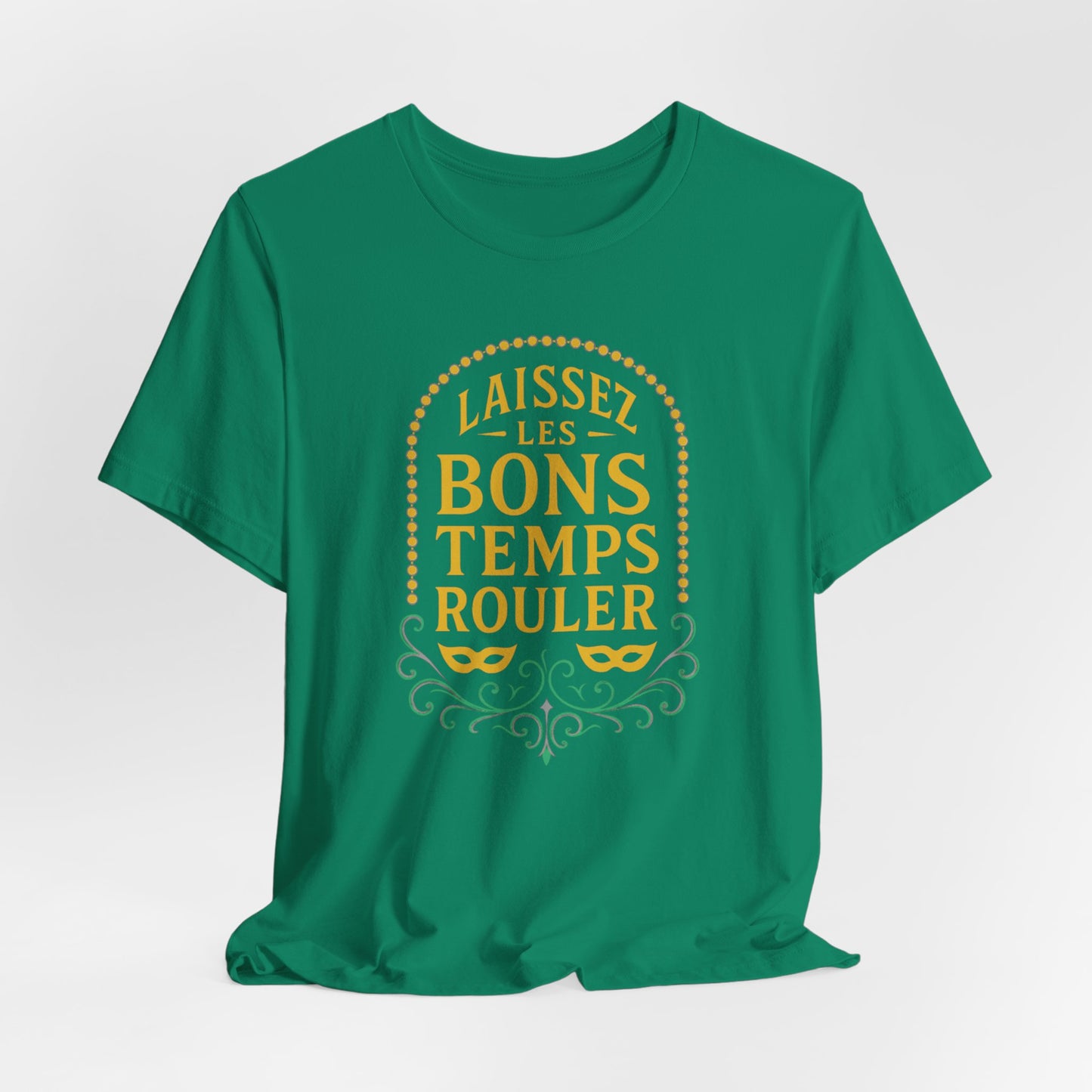 Green t-shirt with yellow text on a white background, hanging view