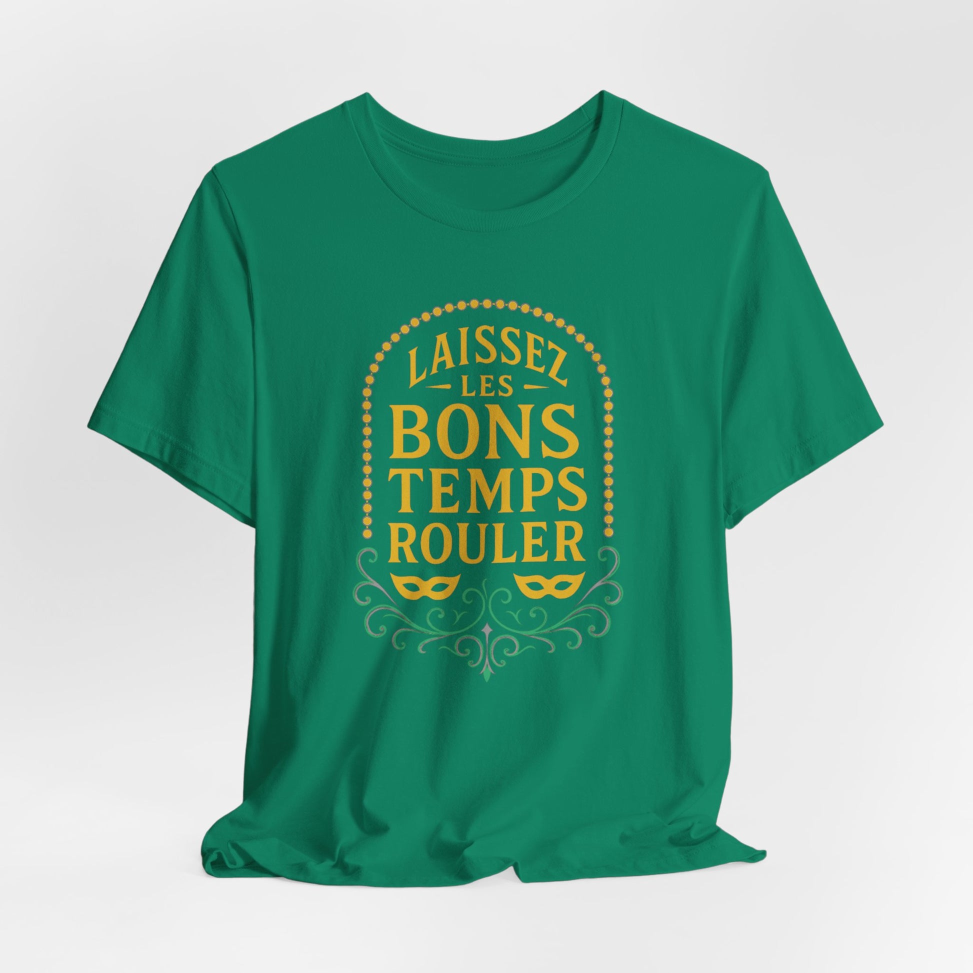 Green t-shirt with yellow text on a white background, hanging view