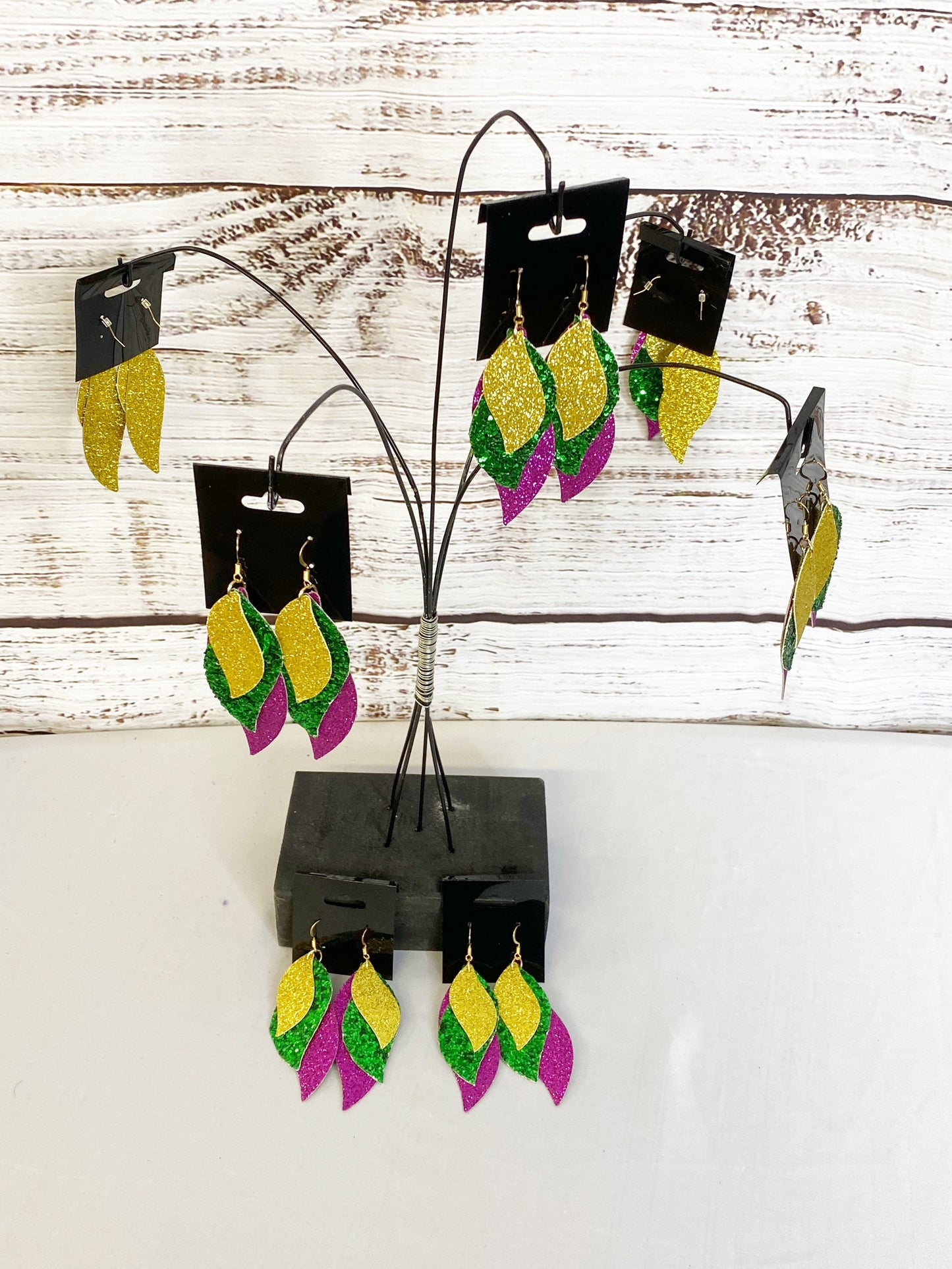 Mardi Gras Faux Leather Dangle Earrings: Purple, Gold, and Green