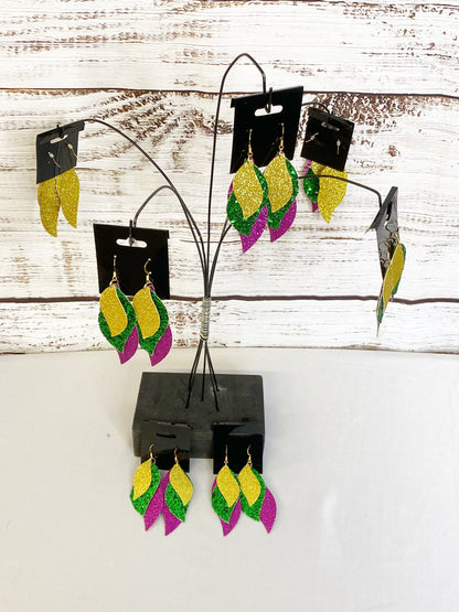 Mardi Gras Faux Leather Dangle Earrings: Purple, Gold, and Green